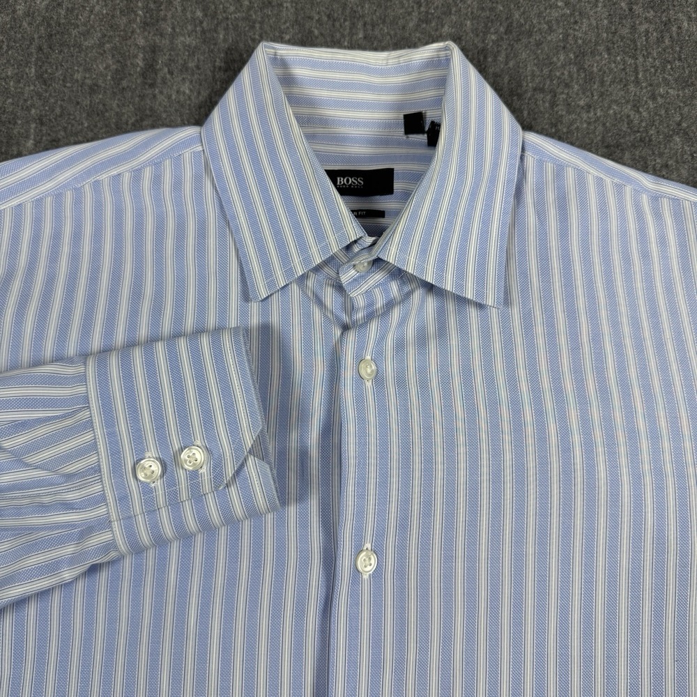 BOSS Hugo Boss Mens 15.5 34/35 L Dress Shirt Blue White Stripe 100% Cotton
